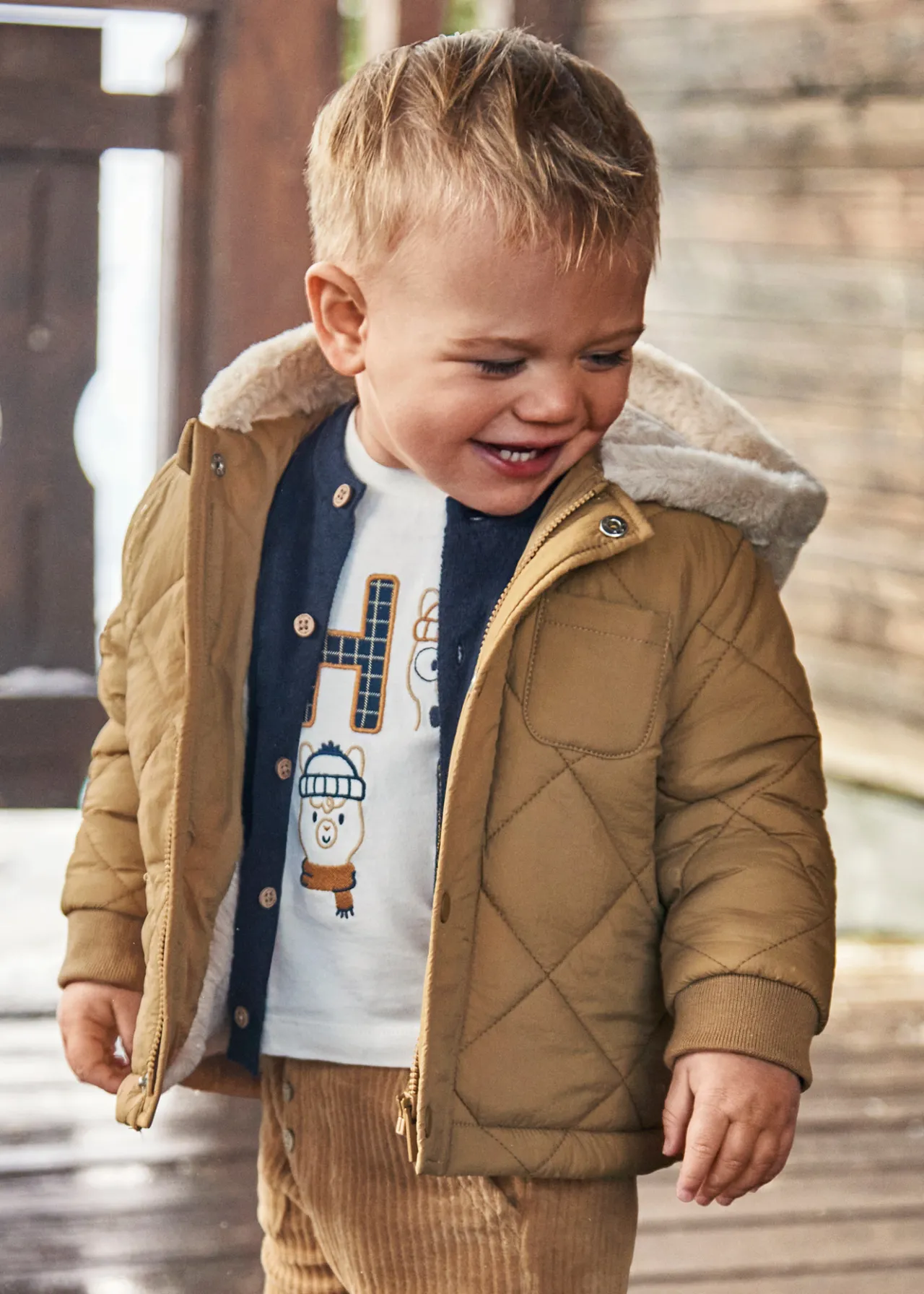 BOY Mayoral Baby Quilted Jacket with Fur Hood