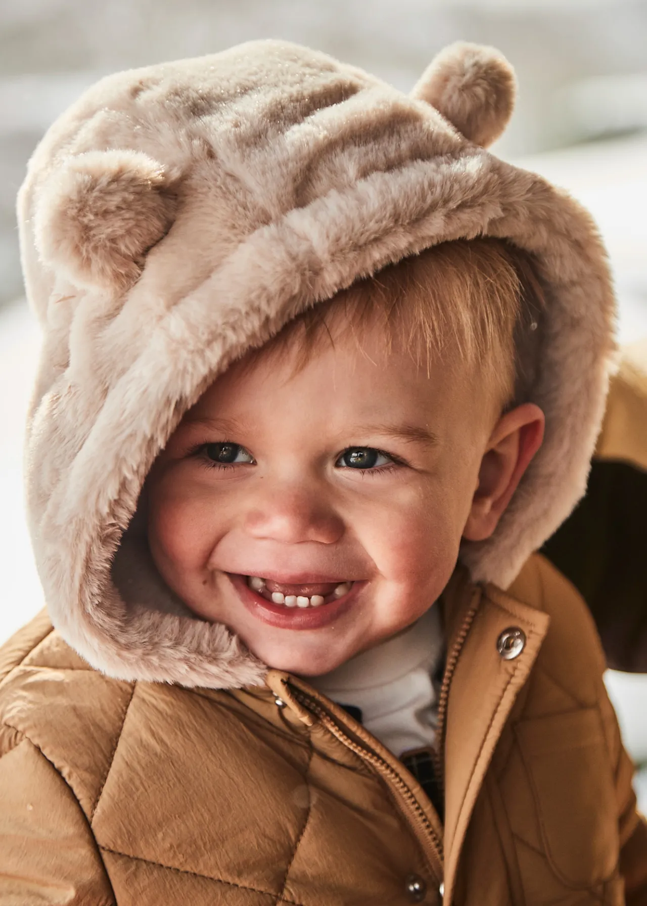 BOY Mayoral Baby Quilted Jacket with Fur Hood