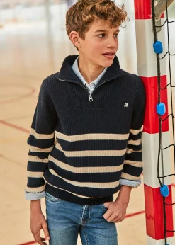 BOY Mayoral Boy Quarter Zip Striped Sweater