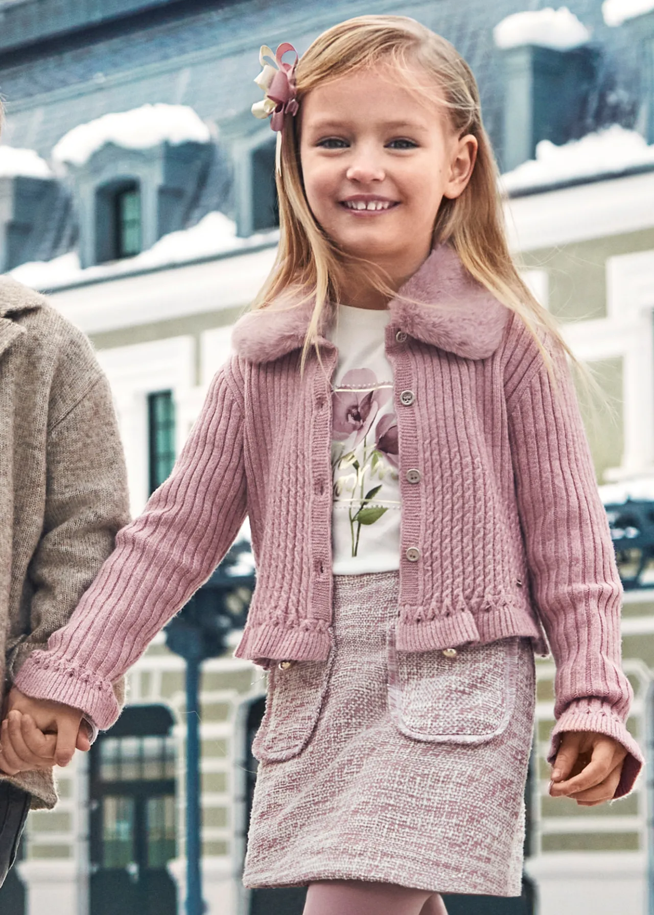 Mayoral Girl Knit Cardigan with Faux Fur Collar