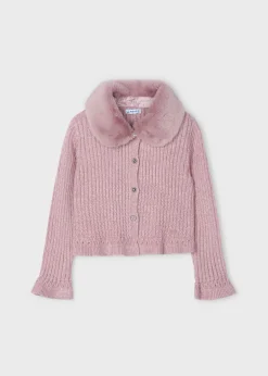 Mayoral Girl Knit Cardigan with Faux Fur Collar