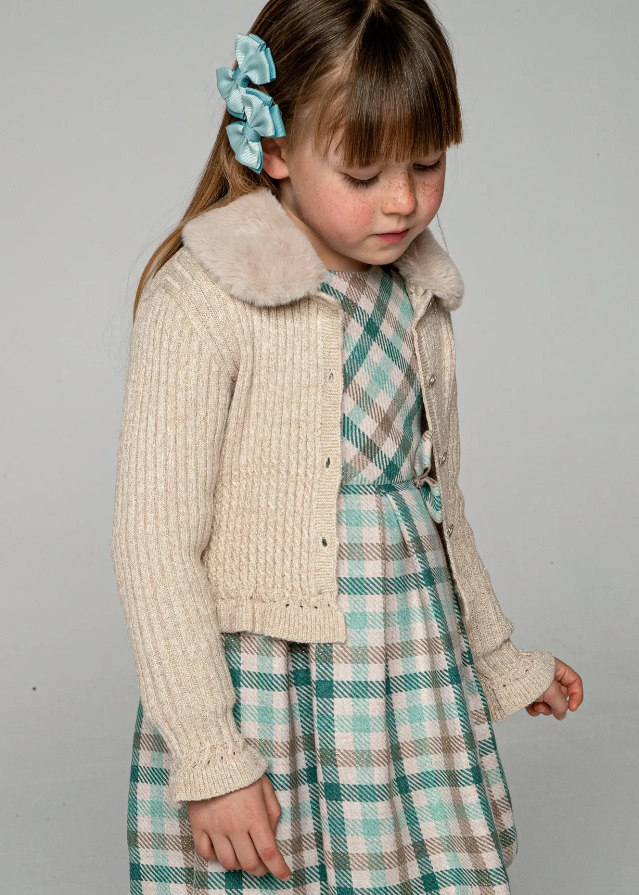 Mayoral Girl Knit Cardigan with Faux Fur Collar