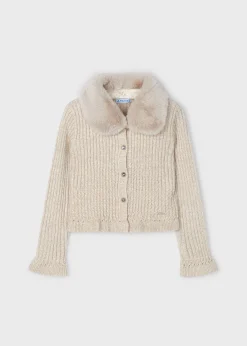 Mayoral Girl Knit Cardigan with Faux Fur Collar