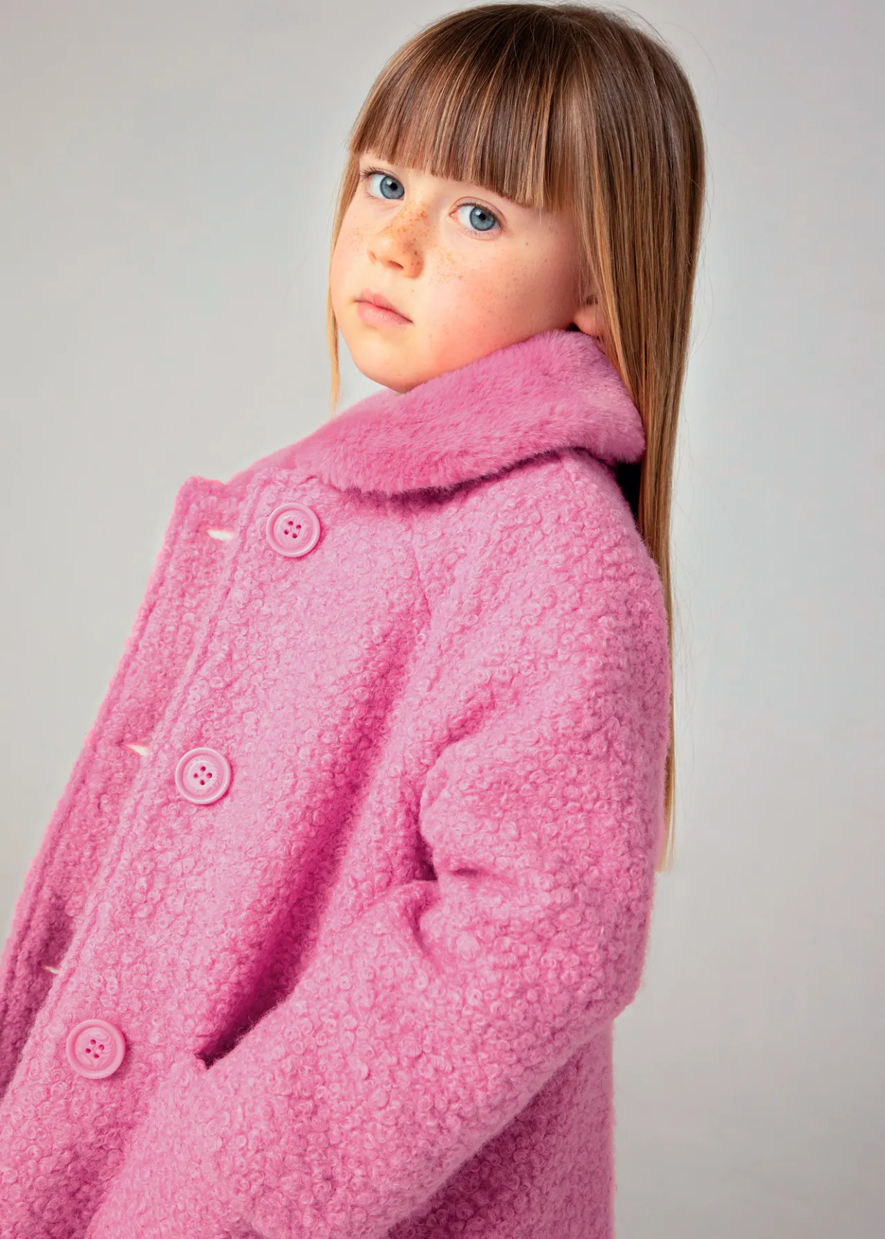 Mayoral Girl Teddy Coat with Faux Fur Collar