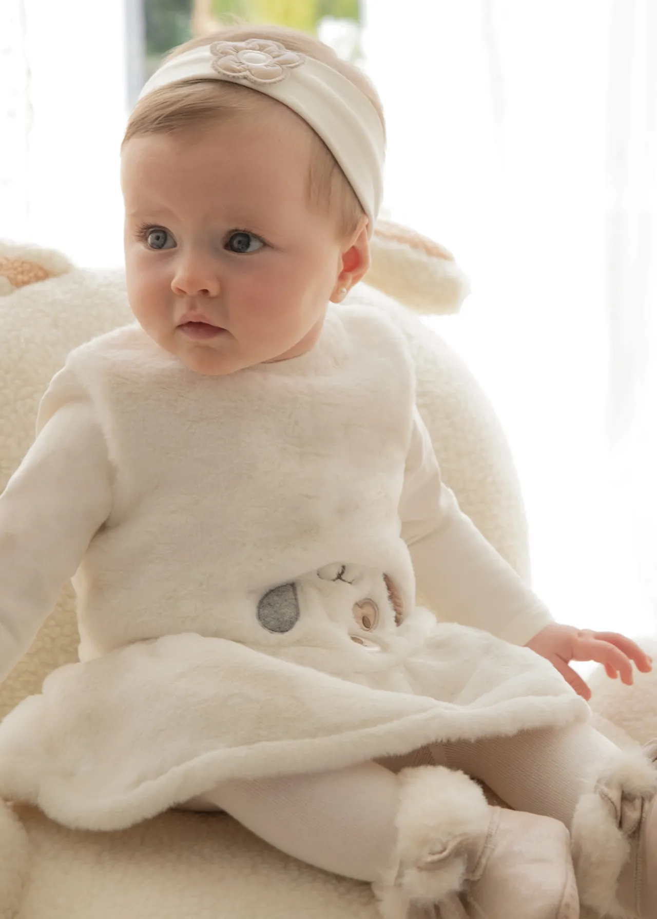 Mayoral Newborn Girl Faux Fur Dress with Headband