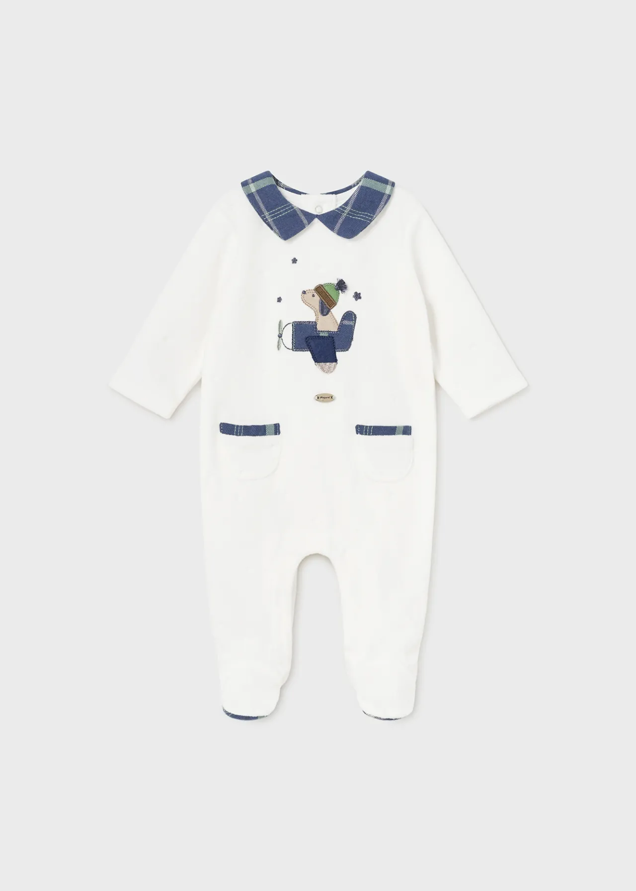 BOY Mayoral Newborn Velour One-Piece with Collar